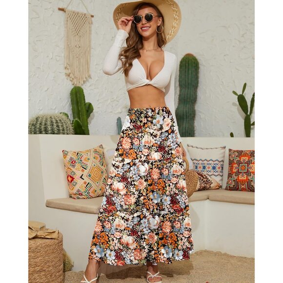 Chic Plus Size Women’s Chiffon Maxi Skirt - Fall Essential with Floral Prints - Picture 2 of 4